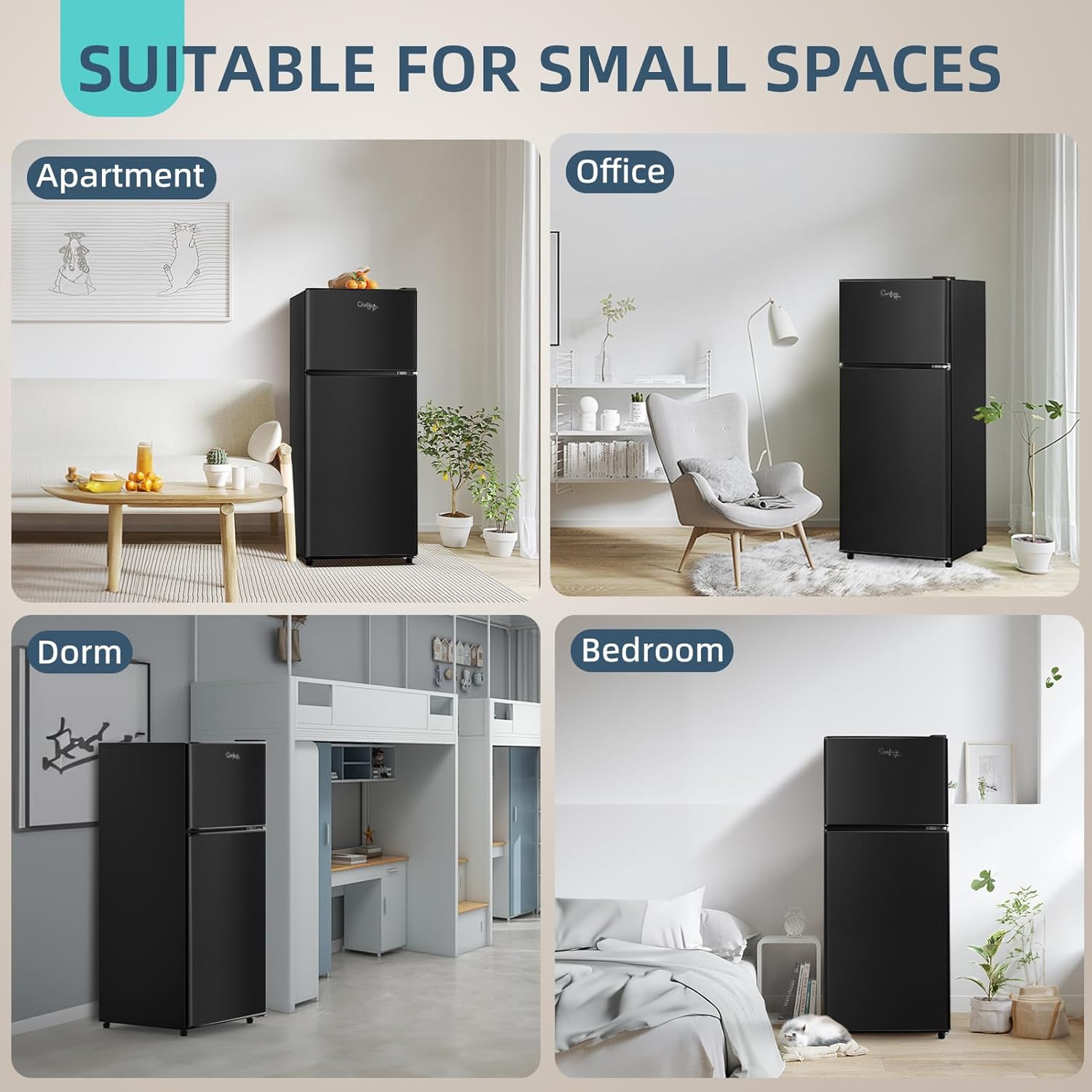 Cucina Magica Mini Fridge with Freezer, 3.8 Cu.Ft Small Fridge, Energy Saving, Low Noise,7 Adjustable Thermostat, Double Door Small Refrigerator for Dorm, Bedroom, Office