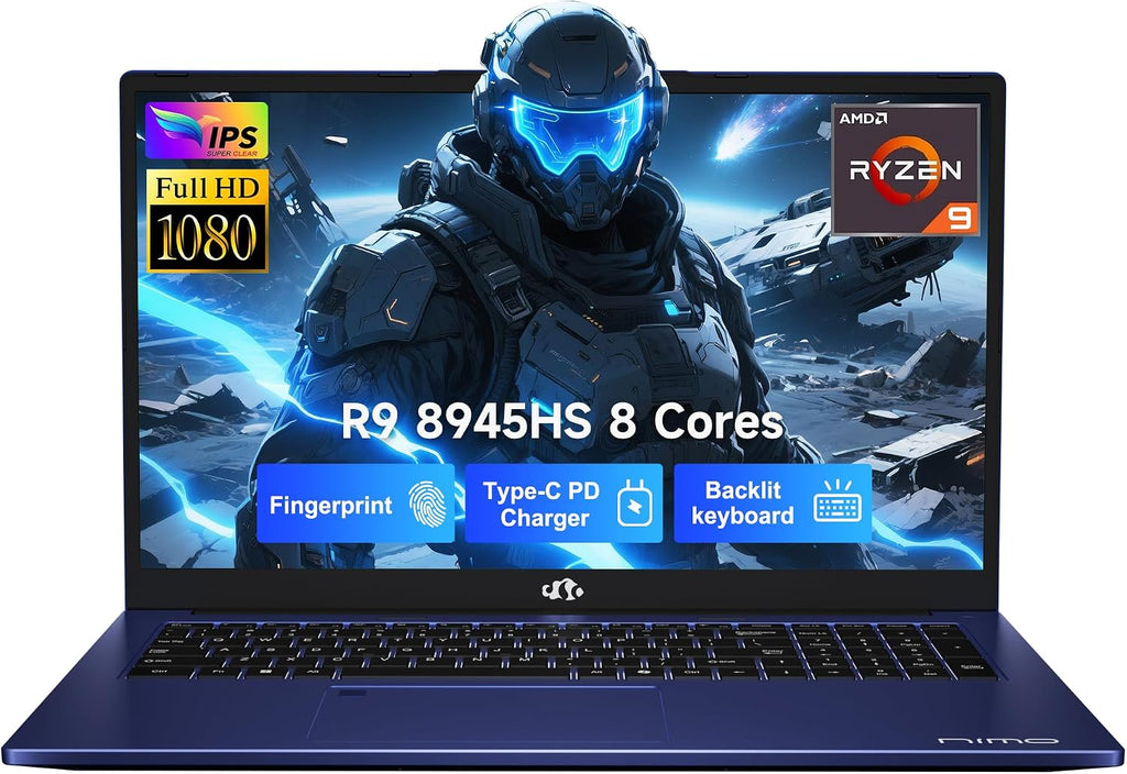 NIMO 17.3 Gaming-Laptop Ryzen 9 8945HS (Beat i9-13900H, Up to 5.2GHz) 16GB RAM, 1TB SSD, Radeon 780M, PD 100W Type-C AI-Enhanced for Copilot VR Ready, Backlit Keyboard, Fingerprint