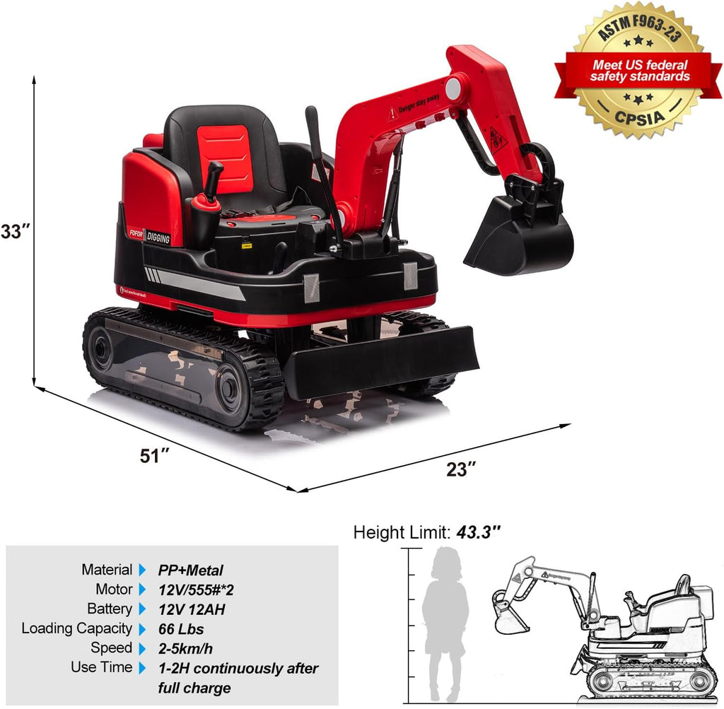 JOYLDIAS 360 Degree Rotating Ride On Excavator and Bulldozer,12V12AH Battery Powered Ride On Toy Backhoe W/Track Design Wheels for All Terrain,Remote Control,MP3,Toolbox for Kids,Parent,Red
