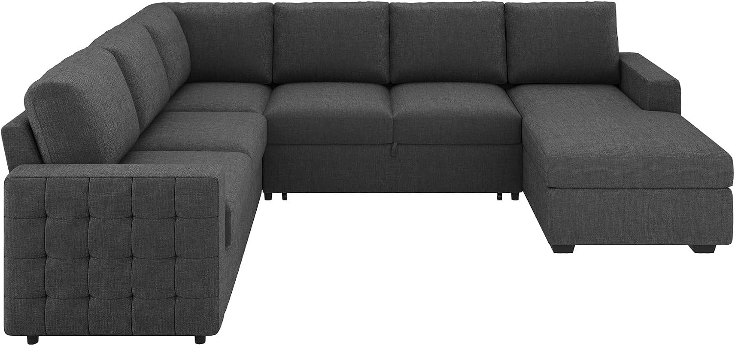 HONBAY Sectional Sleeper Sofa with Pull-Out Bed Storage Chaise, 6 Seater Couch for Living Room, Middle Grey