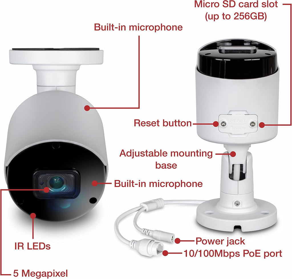 TRENDnet Indoor Outdoor 5MP H.265 PoE Bullet Network Camera, IP66 Rated Housing, IR Night Vision up to 30m (98 ft.), Security Surveillance Camera, microSD Card Slot (up to 256GB), White, TV-IP1514PI