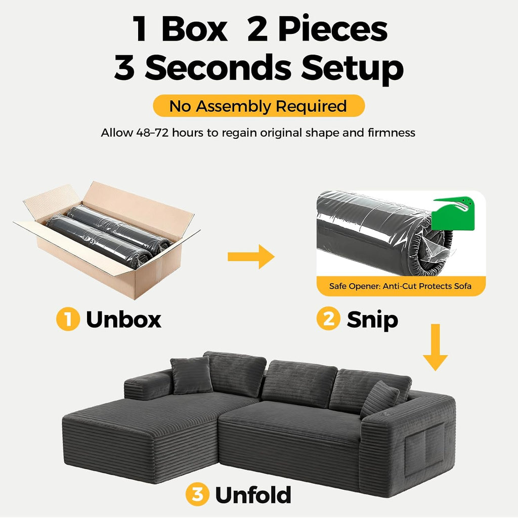 CAMMOO 108' Cloud Sectional Couch in One Box, Compressed Modular Sectional Sofa with Deep Seat, Corduroy Boneless Couches, L-Shaped Sofa for Living Room, 4 Storage Pockets(Left Facing Chaise, Grey)