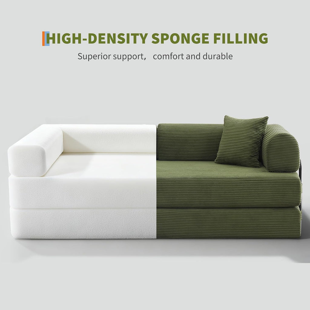 GarveeHome 79' Convertible Sleeper Sofa Bed Couch, 4-in-1 Boneless Corduroy Folding Sofa Bed with Pillow & Fixed-Shape, Floor Mattress Couch Loveseat for Living Room Apartments - No Assembly, Green