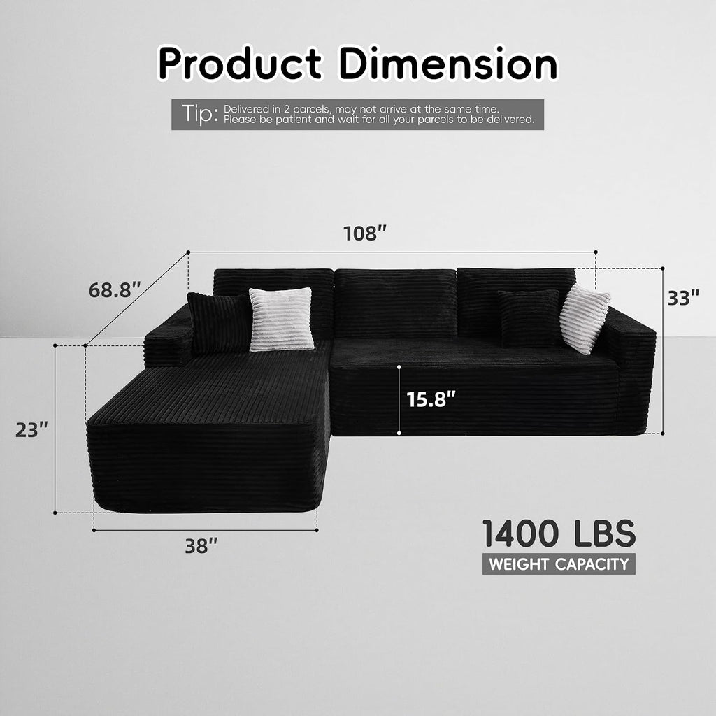 Opiesit 108' Boneless Couches for Living Room, Modular Sectional Sofa with Oversized Chaise, L-Shape Cloud Couch with Deep Seat, High-Density Memory Foam, No Assembly Required, Plush Corduroy Black