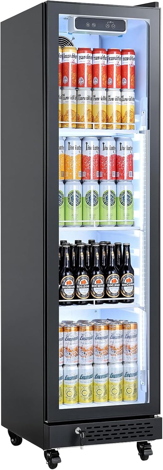 VEVOR Commercial Merchandiser Refrigerator, 6.9 Cu.Ft / 195L Glass Door Display Refrigerator, Upright Beverage Cooler Fridge with 4 Adjustable Shelves, Soft LED Light & Casters for Homes Shops Bars