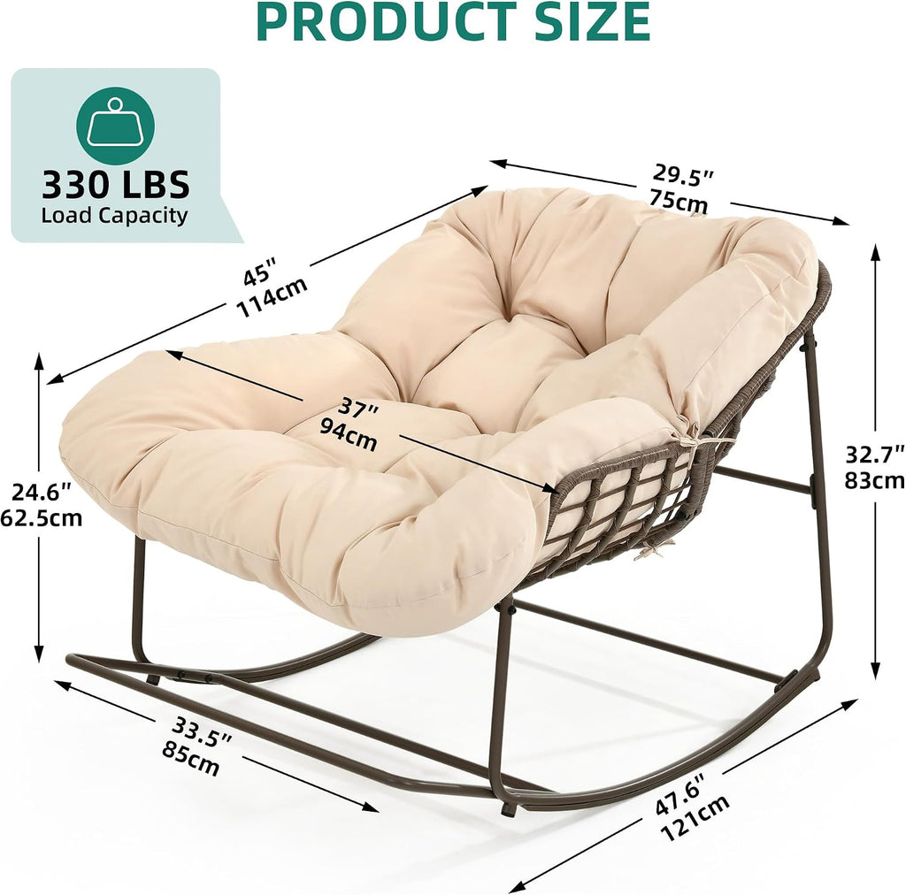 YITAHOME Rocking Papasan Chair, Outdoor Oversized Saucer Chair with Foldable Frame & Comfy Cushion, Wicker Basket Moon Chair for Patio, Porch, Bedroom (Brown+Beige)