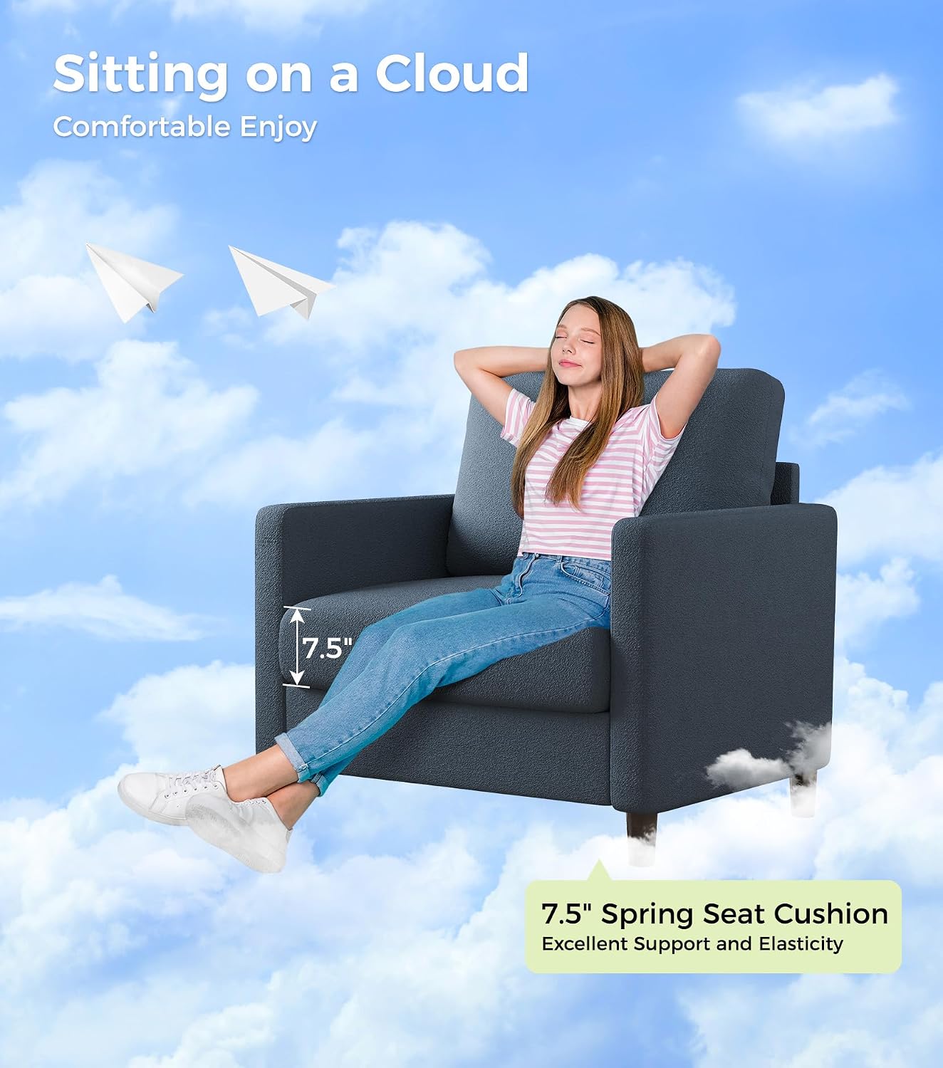Welzona Sofa Accent Chair, 33' Reading Chair for Bedroom, Tool-Free Setup Living Room Accent Chairs, Comfy Arm Chairs Living Room, All-Wood Reading Nook, Blue Grey