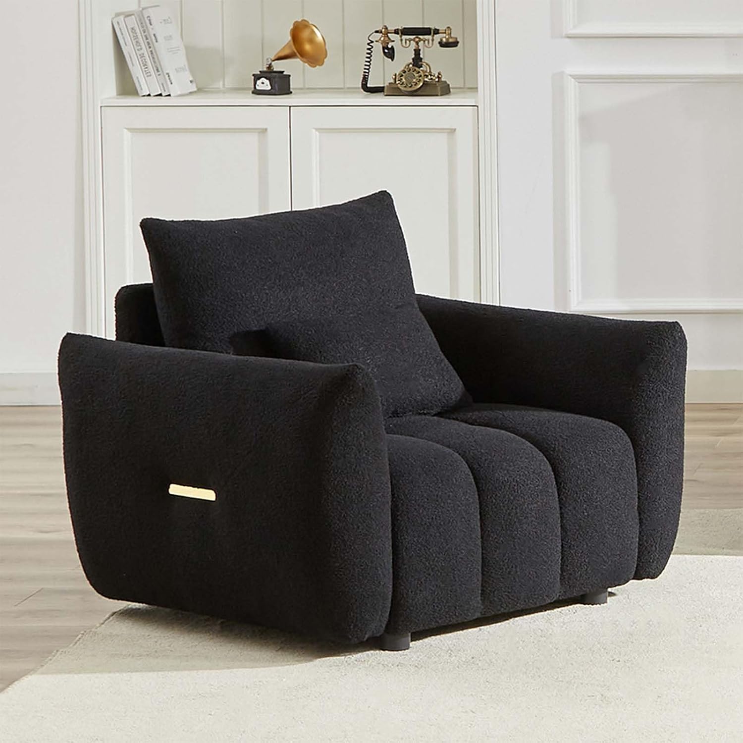 Antetek 35' Modern Accent Single Sofa Chair, Comfy Deep Seat Teddy Living Room Chair, Leisure Boucle Reading Sofa Arm Chair for Bedroom, Office, Apartment, Black