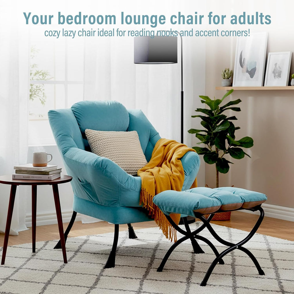Furlide Lazy Chair with Ottoman, Modern Accent Chairs with Folding Footrest, Velvet Light Blue Sofa Chair Set, Reading Chairs, Oversized Armchairs for Bedroom, Study, Living Room, Courtyard