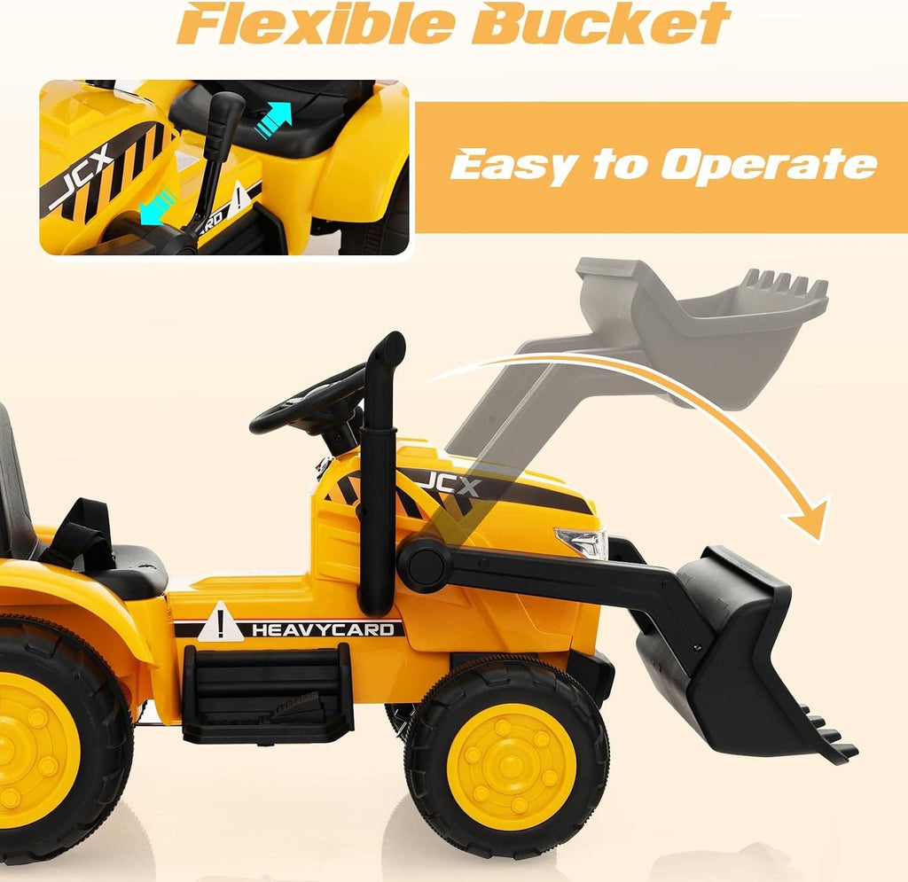 OLAKIDS Kids Ride on Car, 12V Electric Excavator Vehicle Construction Truck with Remote Control, Adjustable Bucket, Toddlers Battery Powered Bulldozer Tractor with 2 Speeds, Music, Citrine