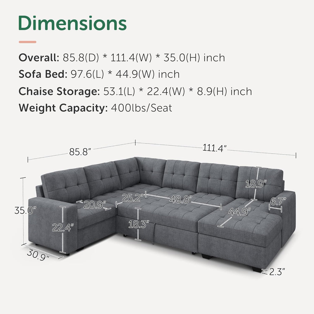 HONBAY Sectional Sleeper Sofa, Sleeper Sofa Couch with Storage Chaise, Sectional Couch with Pullout Bed for Living Room, Bluish Grey