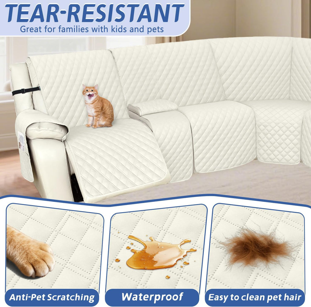Arfntevss Recliner Sectional Couch Covers 1OO% Waterproof L Shape Sofa Cover for Reclining L Shaped Sectional Slipcover Dog Washable Corner Non Slip Protector (5 Seater with 1 Console, Cream White)