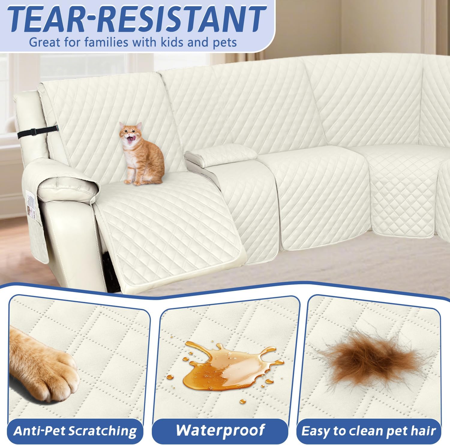 Arfntevss Recliner Sectional Couch Covers 1OO% Waterproof L Shape Sofa Cover for Reclining L Shaped Sectional Slipcover Dog Washable Corner Non Slip Protector (5 Seater with 1 Console, Cream White)