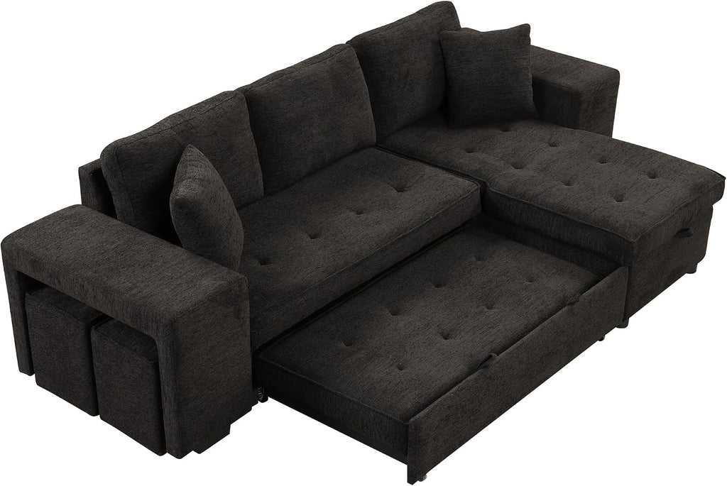 104.5 inch Reversible Sleeper Sectional Sofa with Pull Out Bed , Convertible L Shaped Sectional Couch with Storage Chaise and 2 Stools , Tufted Upholstered Pullout Sofa Bed for Living Room Apartment