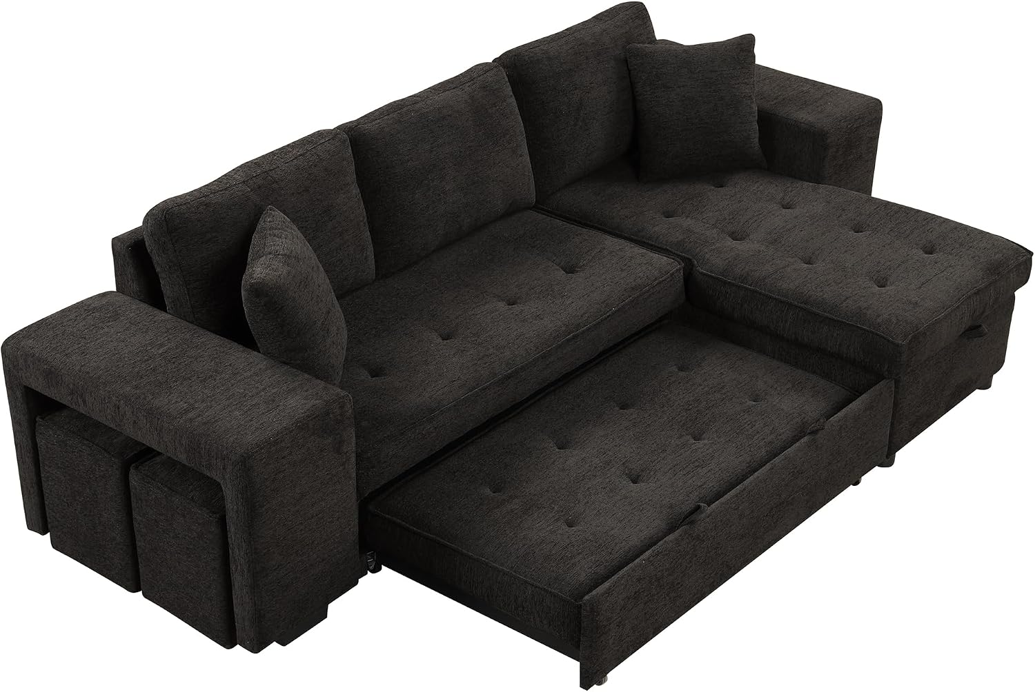 104.5 inch Reversible Sleeper Sectional Sofa with Pull Out Bed , Convertible L Shaped Sectional Couch with Storage Chaise and 2 Stools , Tufted Upholstered Pullout Sofa Bed for Living Room Apartment