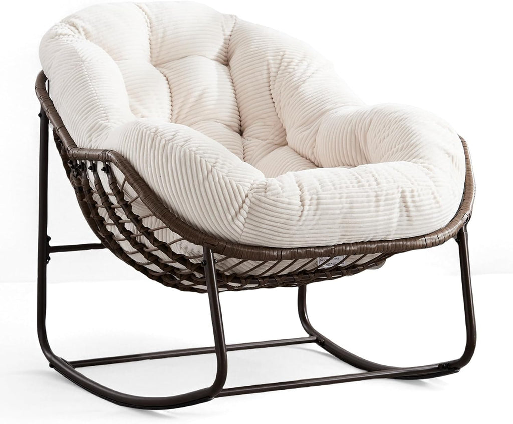 Oversized Papasan Rocking Chair, Indoor & Outdoor Egg Rocker with All-Weather Hand-Woven Rattan & Rust-Proof Steel Frame for Porch, Patio, Living Room (Corduroy, White)
