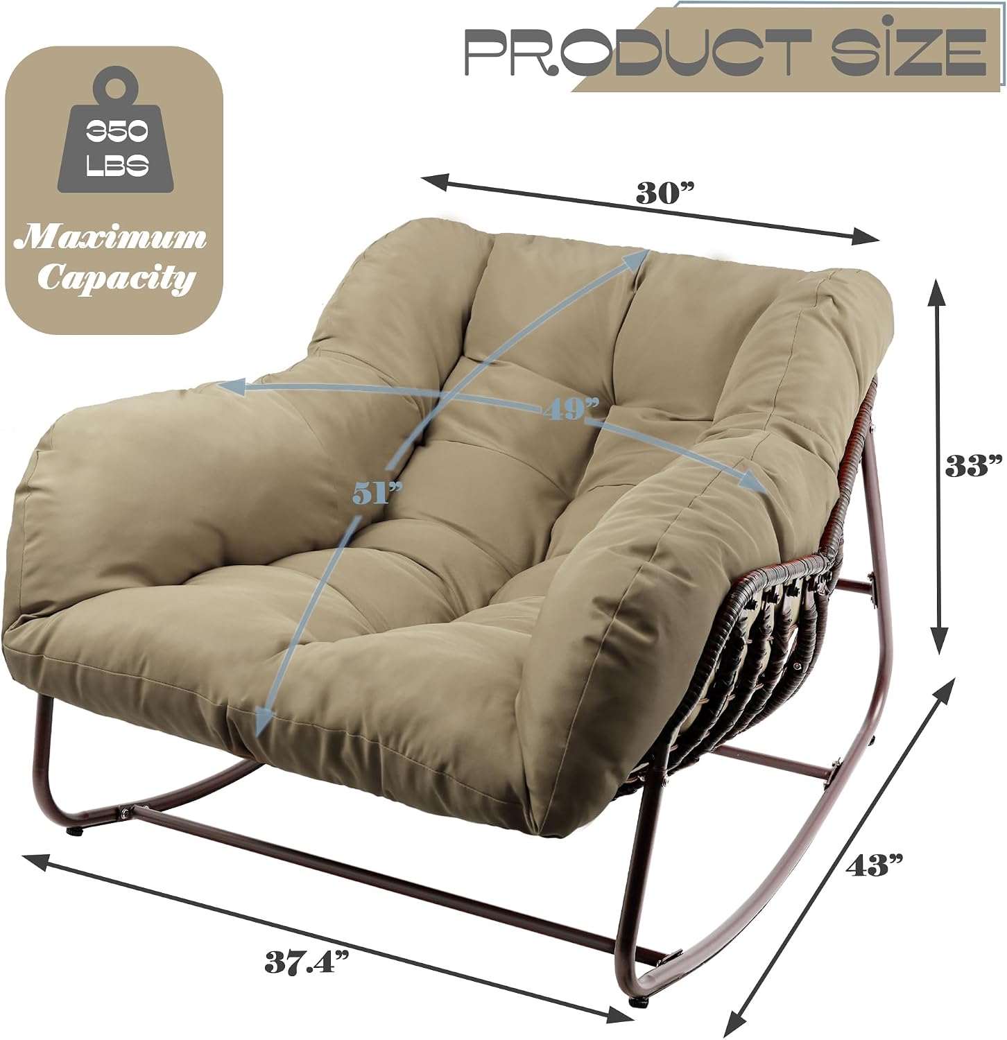 Papasan Rocking Chair Indoor & Outdoor, Oversized Patio Rocking Chairs with Padded Cushion& Pillow-Comfortable Rocker Egg Chair for Front Porch, Garden, Patio, Backyard,Brown,1PC