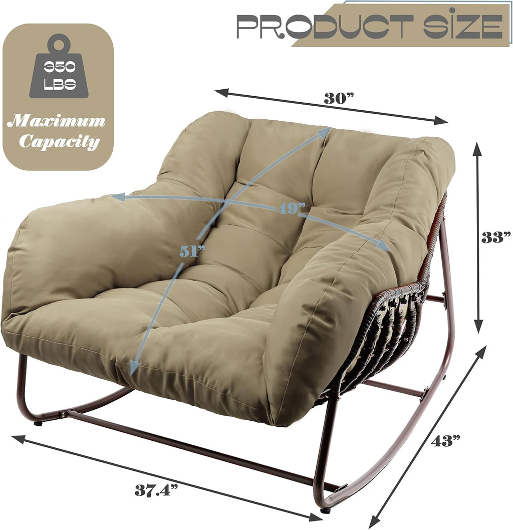 Papasan Rocking Chair Indoor & Outdoor, Oversized Patio Rocking Chairs with Padded Cushion& Pillow-Comfortable Rocker Egg Chair for Front Porch, Garden, Patio, Backyard,Brown,2PC