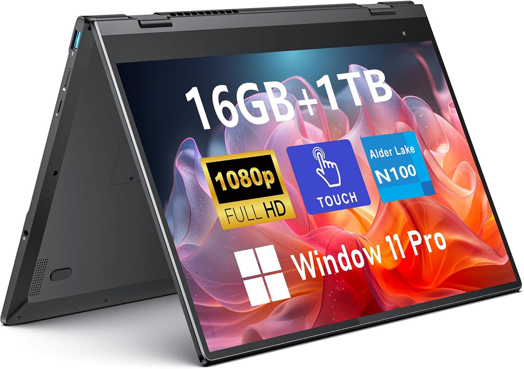 FUNYET Touchscreen Laptop Computer, 14 Inch 2 in 1 Gaming Laptop, N100 Processor, 16GB RAM 1TB SSD, 1920 x 1080, Fingerprint Unlock, Backlit Keyboard, Wi-Fi 6, BT5.2, Windows 11 Pro