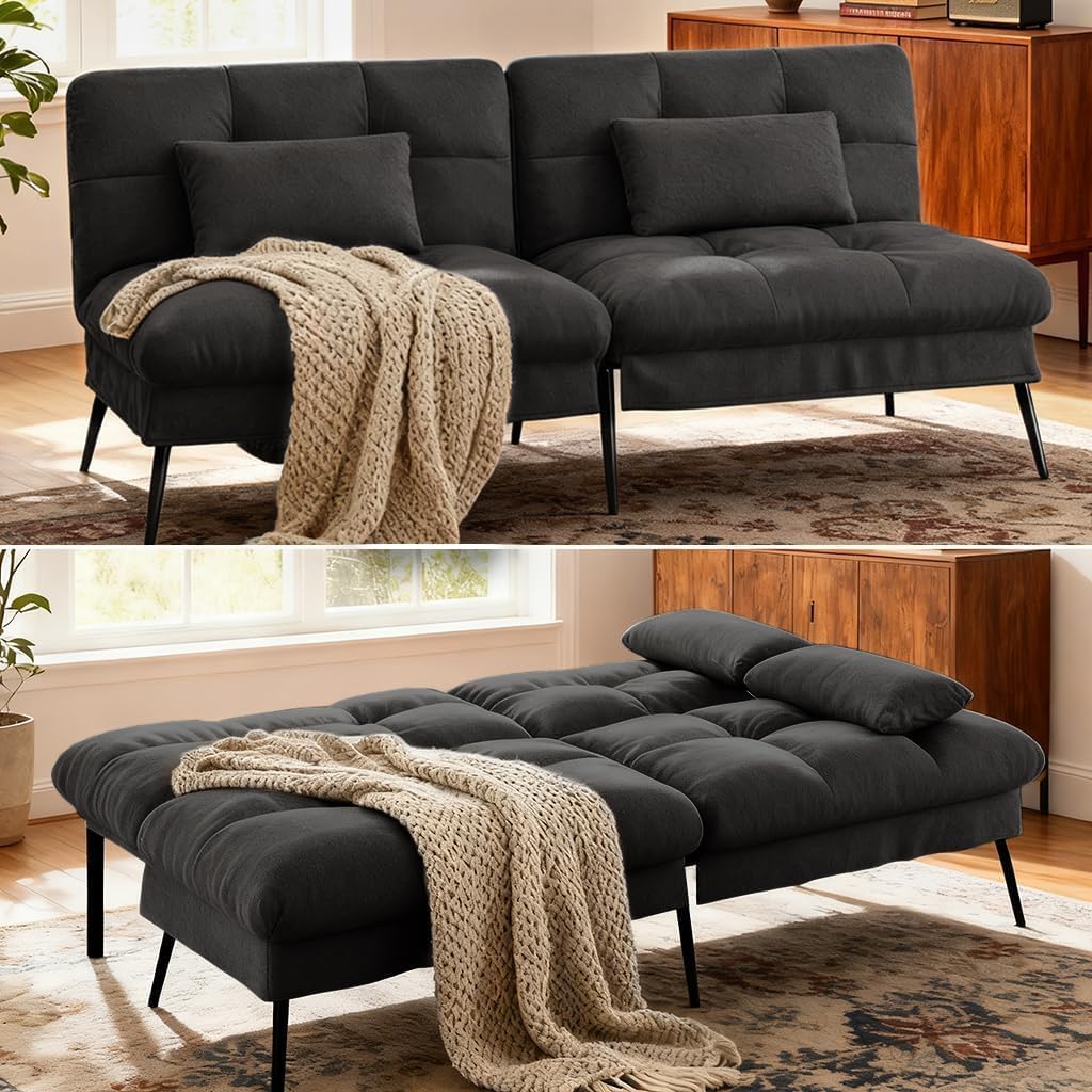 COMHOMA Convertible Futon Sofa Bed, 72″Fabric Futons Couch with Adjustable Backrest, Folding Sleeper Recliner for Living Room Furniture (Black)