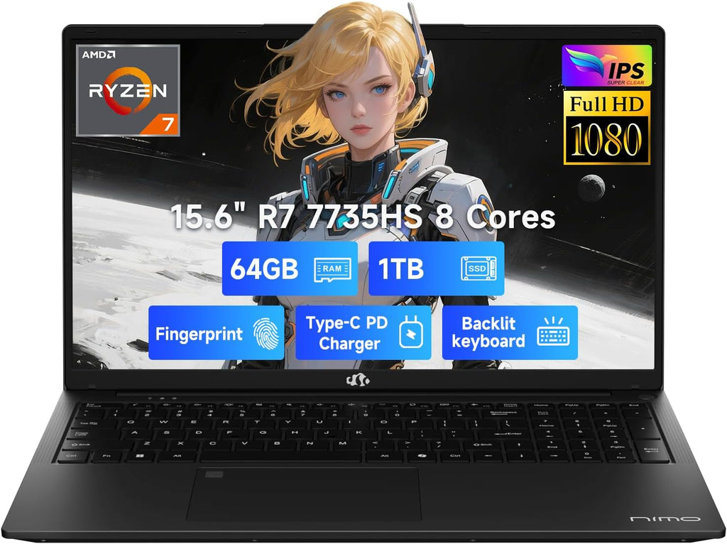 NIMO 15.6' IPS FHD-Gaming-Laptop, AMD 8 Cores Ryzen 7 7735HS 64GB DDR5 RAM 1TB SSD (Beats i7-12650H) Computer with Radeon 680M 100W Type-C Backlit Keyboard Fingerprint, for Gaming Business