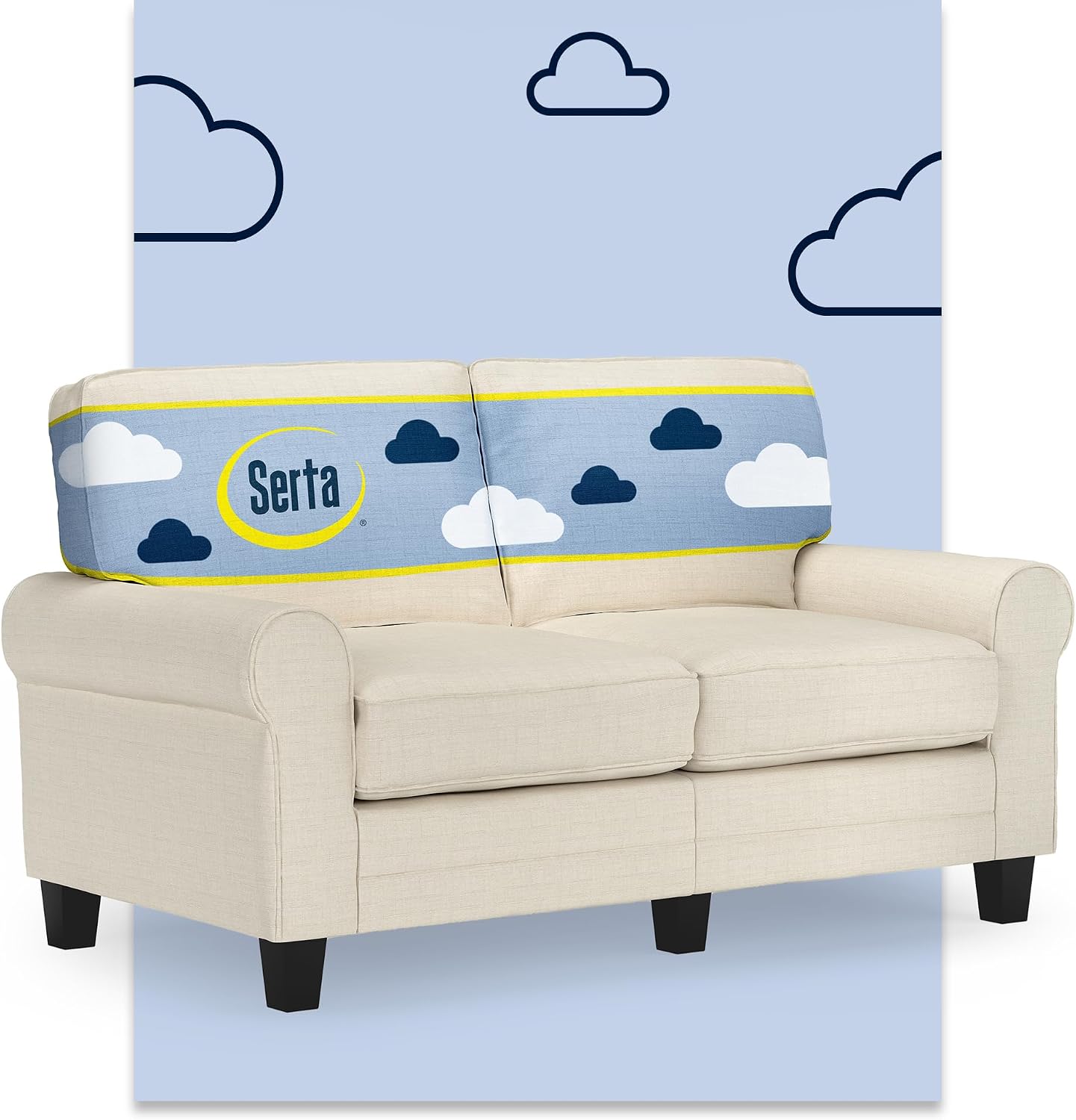 Serta Copenhagen Small Loveseat Sofa, 61 Inch Couch with Rolled Arms, Pocket Coil Seat Cushions, Removable Covers, Easy Care Polyester Upholstery for Living Room, Bedroom or Office, Buttercream