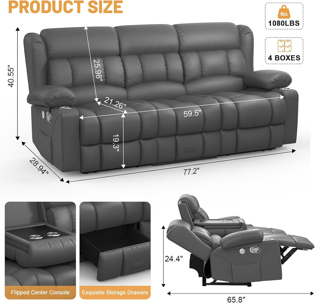 Dresegmt Loveseat Recliner Sofa, Flip Middle Backrest Design PU Leather 3 Seat Reclining Sofa with Storage Drawer, Manual Couch for Living Room/RV (Gray, PU)