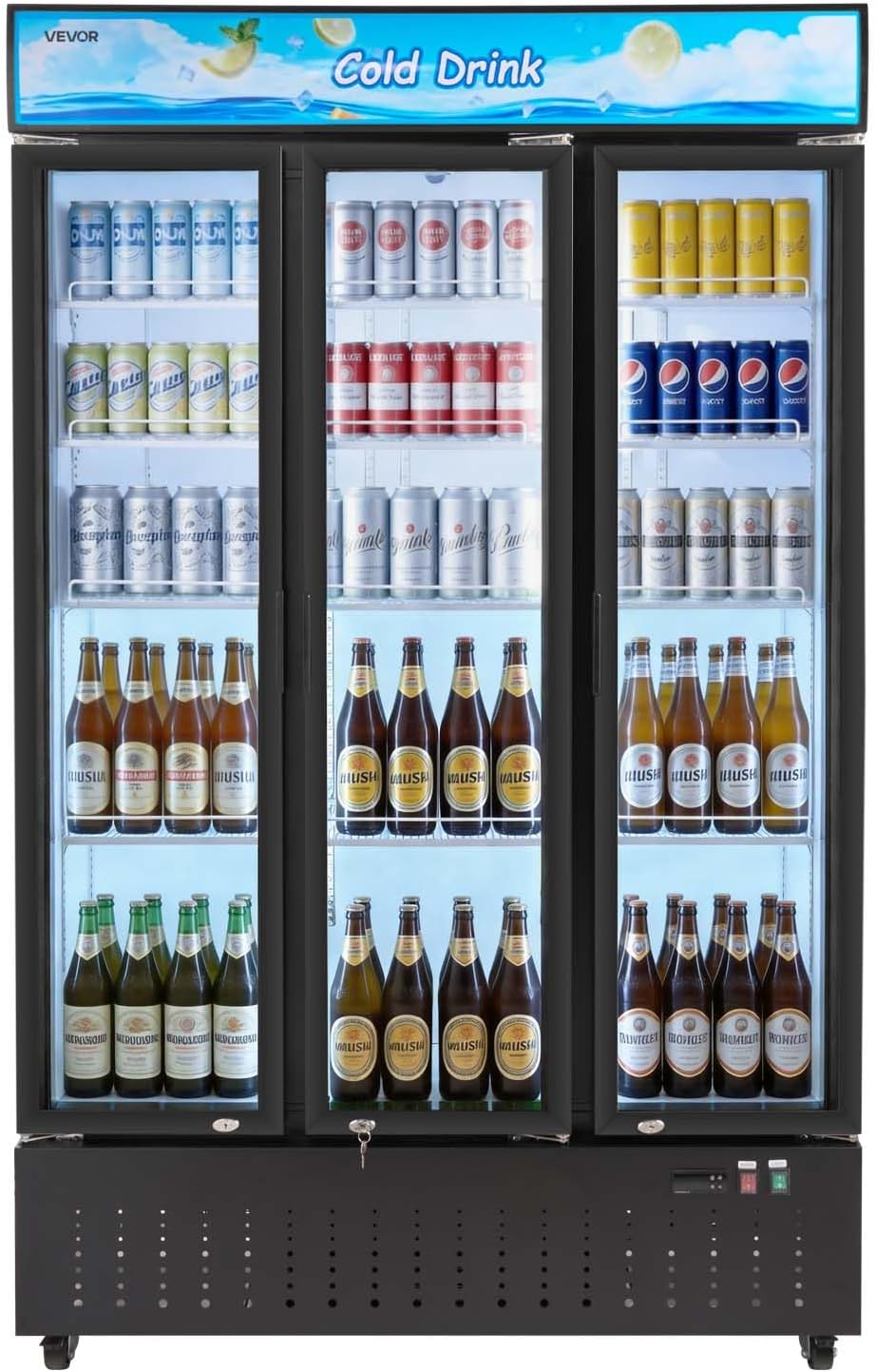 VEVOR Commercial Merchandiser Refrigerator, 26.8 Cu.Ft / 760L Upright Beverage Cooler, 3 Glass Door Display Refrigerator with Customizable Lightbox, 12 Adjustable Shelves, Soft LED Lighting & Casters