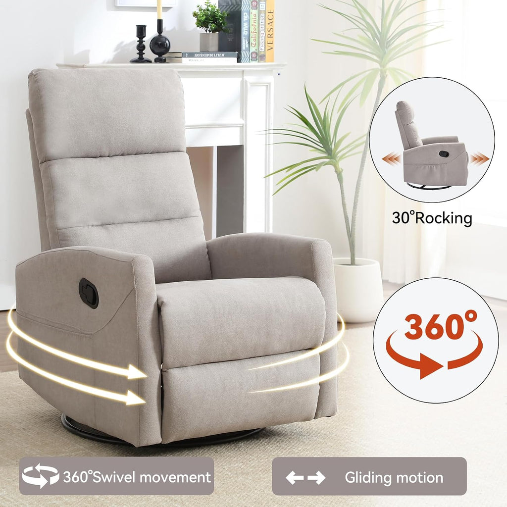 PELUMY Manual Recliner Chair, 360° Swivel Glider and Rocker Recliner with 155° Recline, Compact Fabric Recliner for Small Space, Nursery, Living Room, Bedroom, No Tools Assembly (Light Grey)