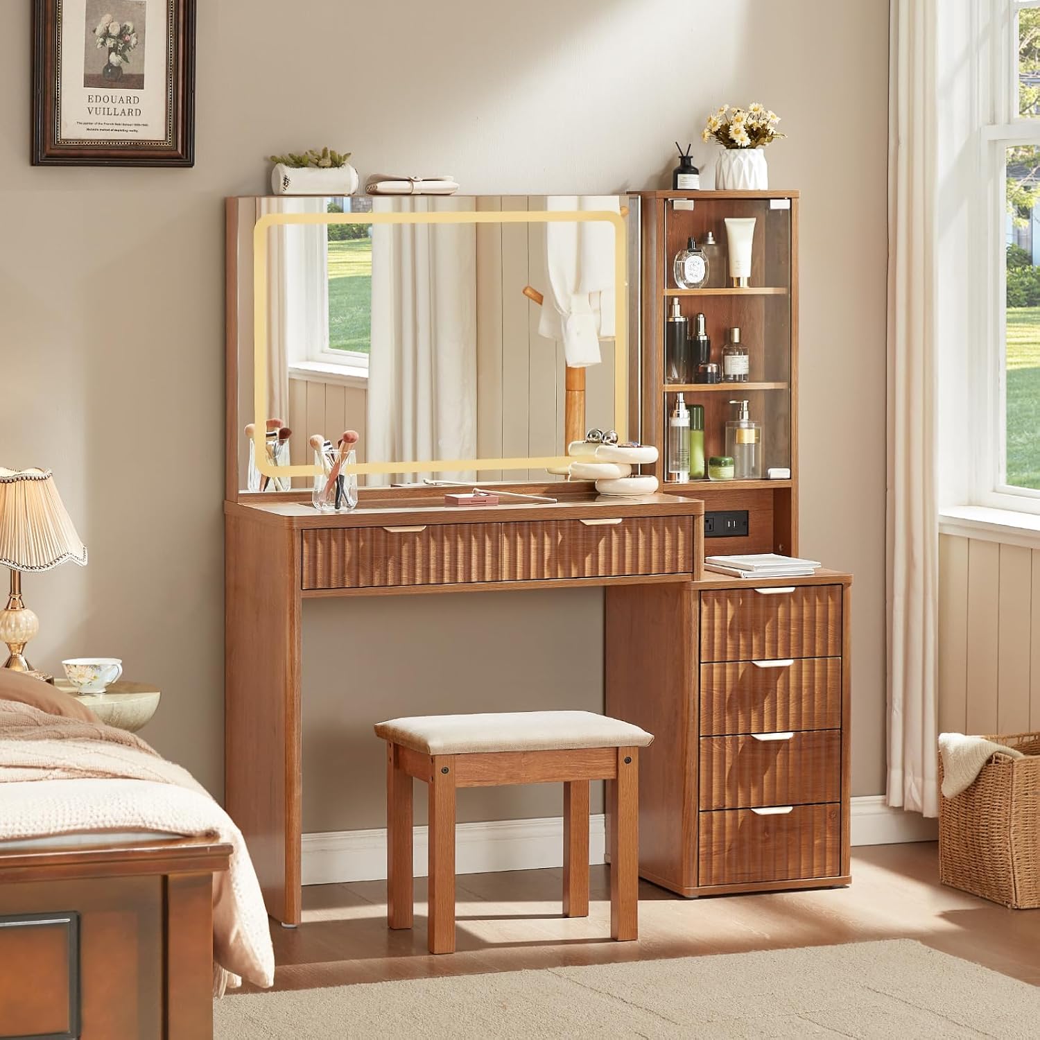 LEYAOYAO Vanity Desk with Mirror and Lights, 43.5'' Fluted Makeup Vanity with 6 Drawers and Adjustable Shelves, Glass Top Make Up Vanity, Girls Wood Dressing Table with Power Outlet for Bedroom