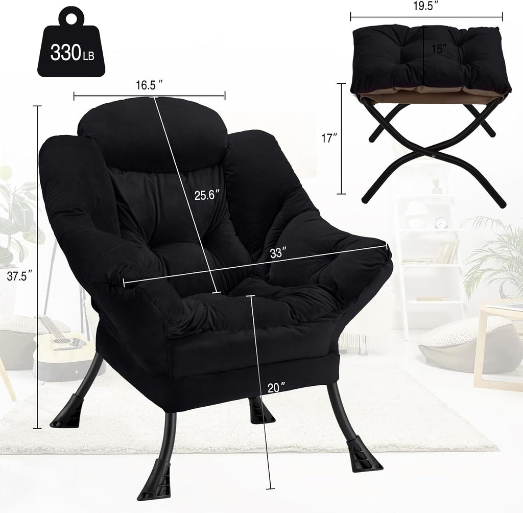 Lazy Chair with Folding Ottoman Modern Large Accent Chair,Contemporary Lounge Leisure Sofa Chair with Armrests Upholstered Sofa Armchair Reading Chair for Bedroom,Dorm & Office(Black-f)