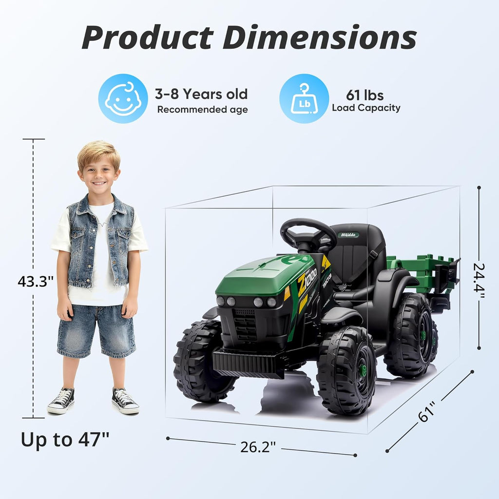 Hikiddo 24V Kids Ride on Tractor Toy, Electric Tractor for Kids 3-8 with Trailer, 2x200W Motors - Green