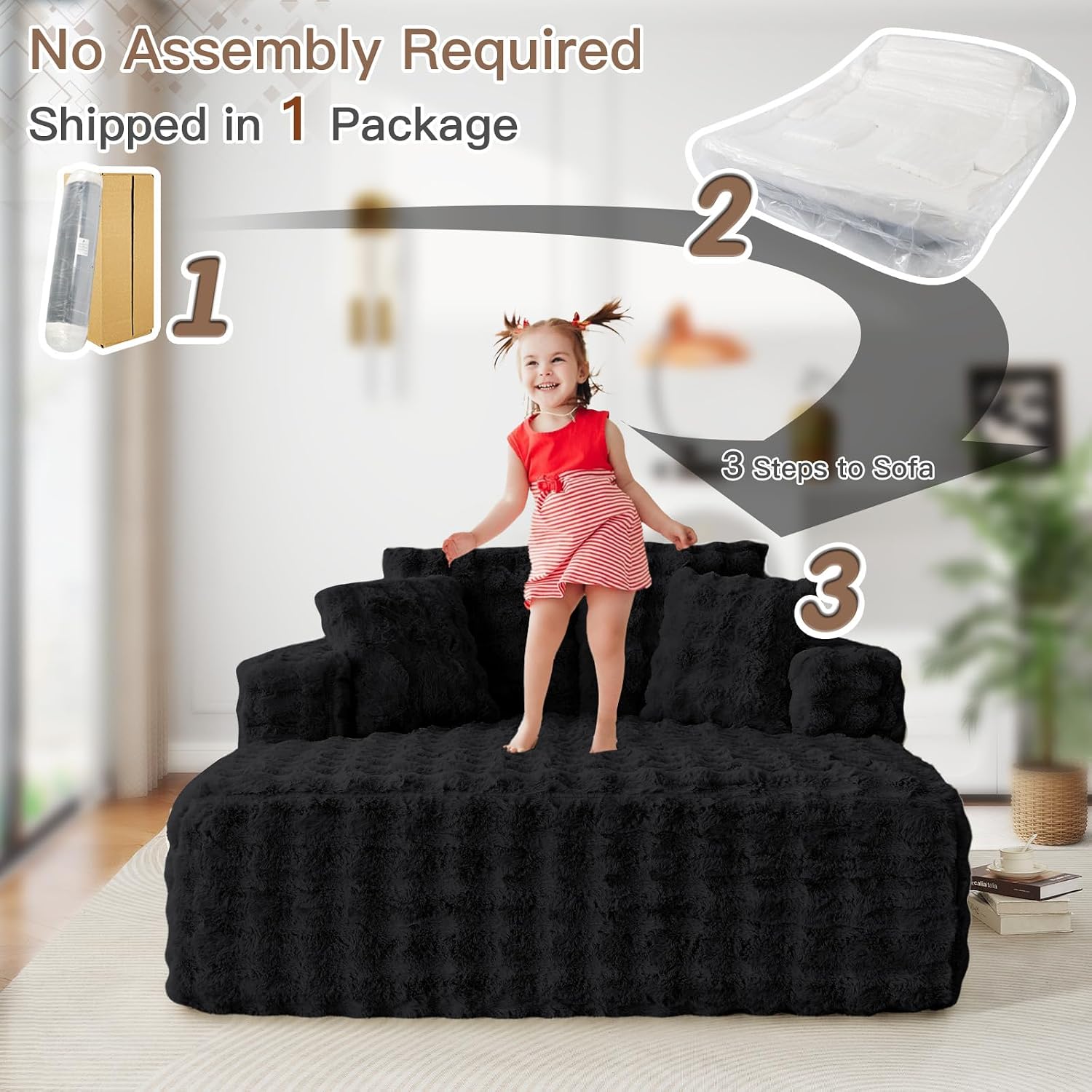 JEEOHEY 56' W Oversized Chaise Lounge Chair Indoor,Plush Faux Fur Sleeper Couch Sofa Bed with Pillows,Fluffy Comfy Cloud Sofa,Compression Foam Boneless Couch for Living Room,Bedroom(Bubble, Black)