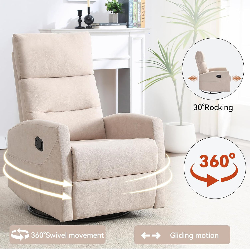 PELUMY Manual Recliner Chair, 360° Swivel Glider and Rocker Recliner with 155° Recline, Compact Fabric Recliner for Small Space, Nursery, Living Room, Bedroom, No Tools Assembly (Beige)