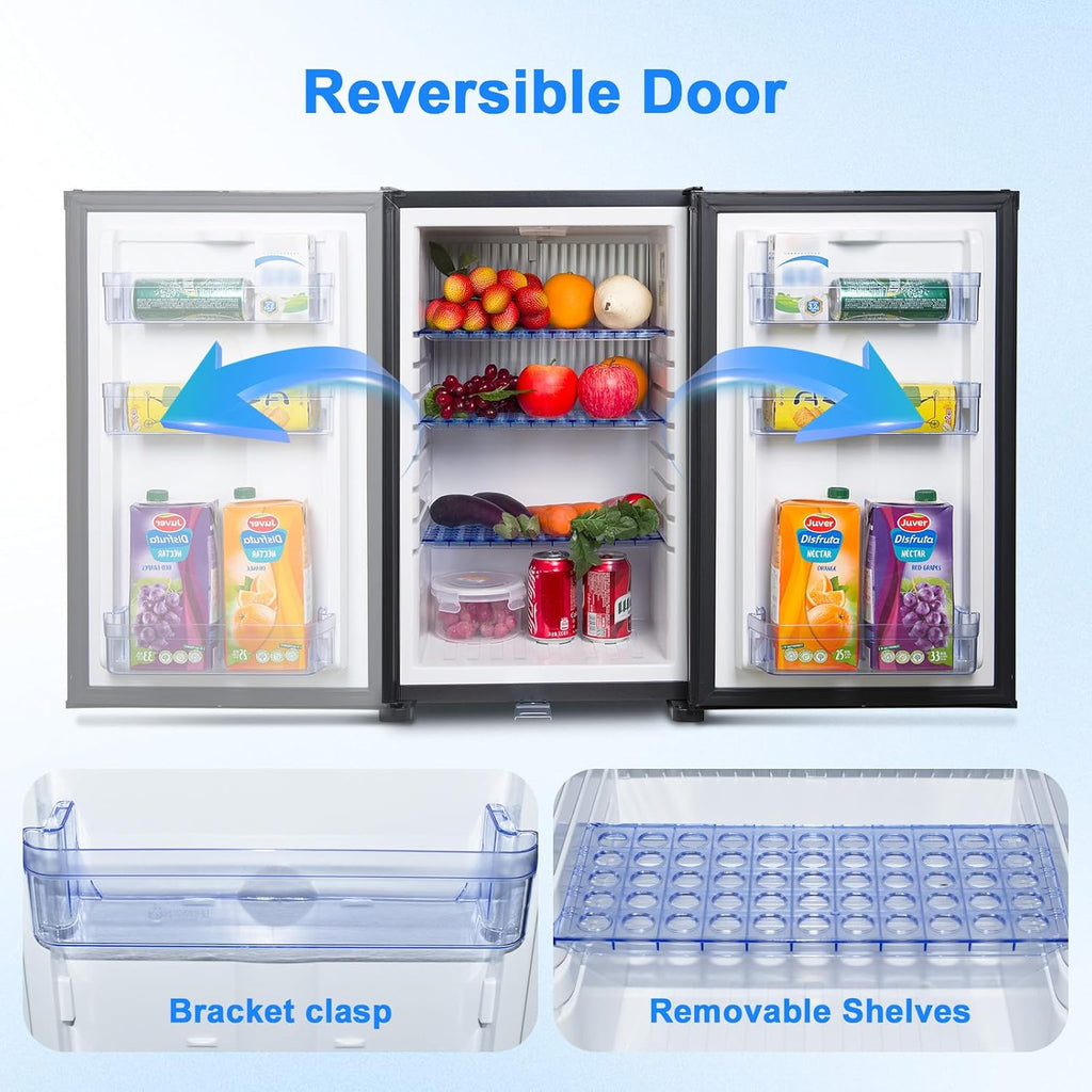 Compact Refrigerator with Lock 1.7 Cu.Ft, 12V/110V Mini RV Fridge, Reversible Door, Quiet Absorption Refrigerator for Bedroom, Camper, Semi Truck, Boat, Light, Black