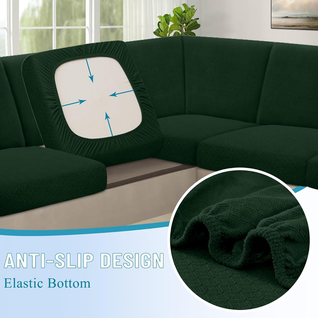 HDCAXKJ Waterproof Sectional Couch Cushion Covers 11 Pieces Stretch Jacquard L Shaped Corner Sofa Slipcover Back Cover Soft Sofa Seat Cushion Covers for Dogs (5 Seater and 6 Backrest, Blackish Green)