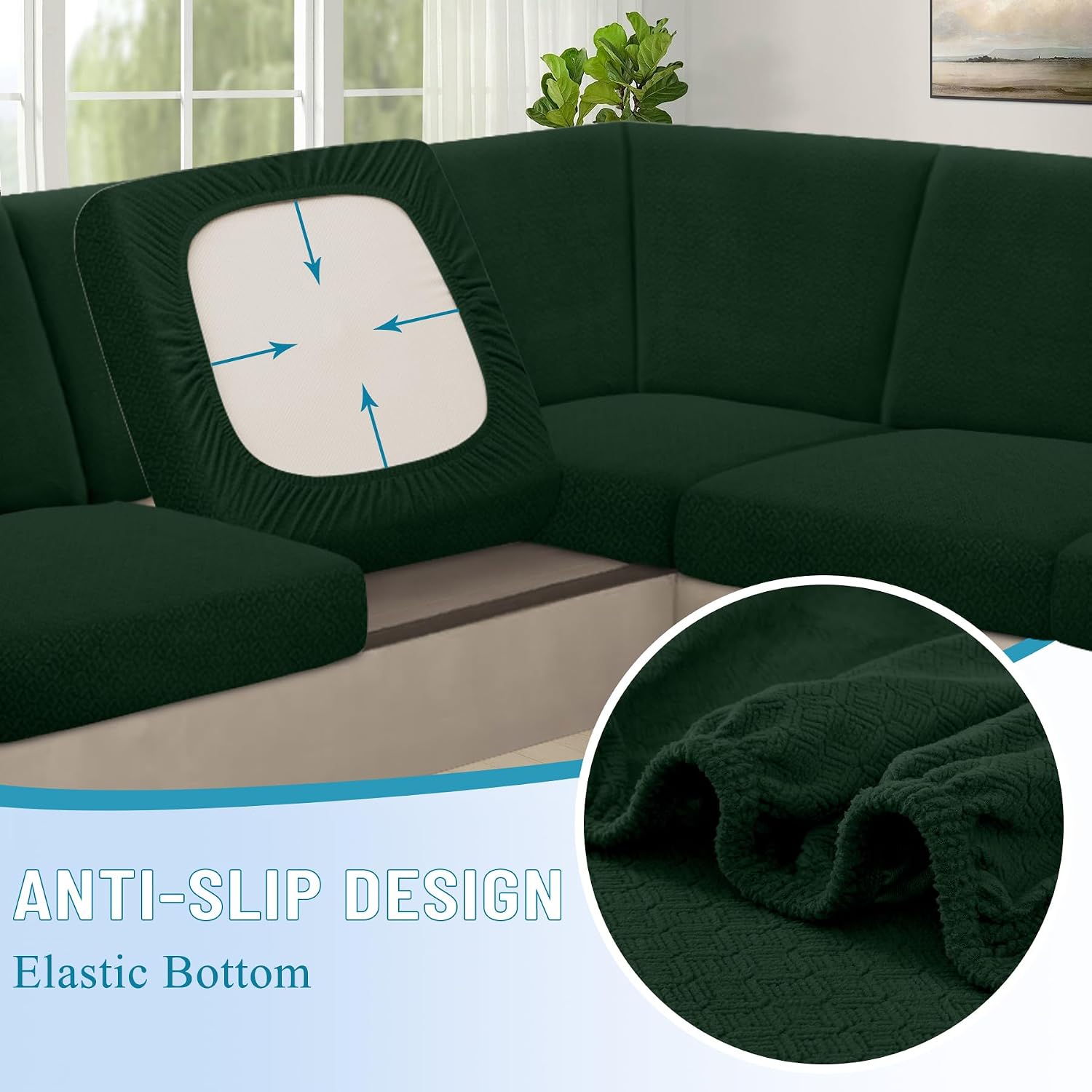HDCAXKJ Waterproof Sectional Couch Cushion Covers 11 Pieces Stretch Jacquard L Shaped Corner Sofa Slipcover Back Cover Soft Sofa Seat Cushion Covers for Dogs (5 Seater and 6 Backrest, Blackish Green)