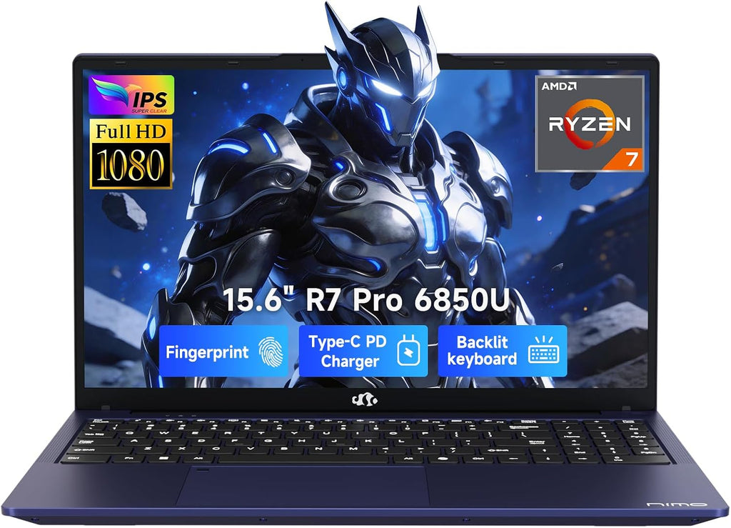 NIMO 15.6' IPS FHD-Business-Laptop, 8 Cores AMD Ryzen 7 Pro 6850U 32GB LPDDR5 RAM 1TB SSD (Beat i7-1360P Up to 4.7GHz) Radeon 680M 100W Fast PD for Content Creators & Student 2-Yr Warranty