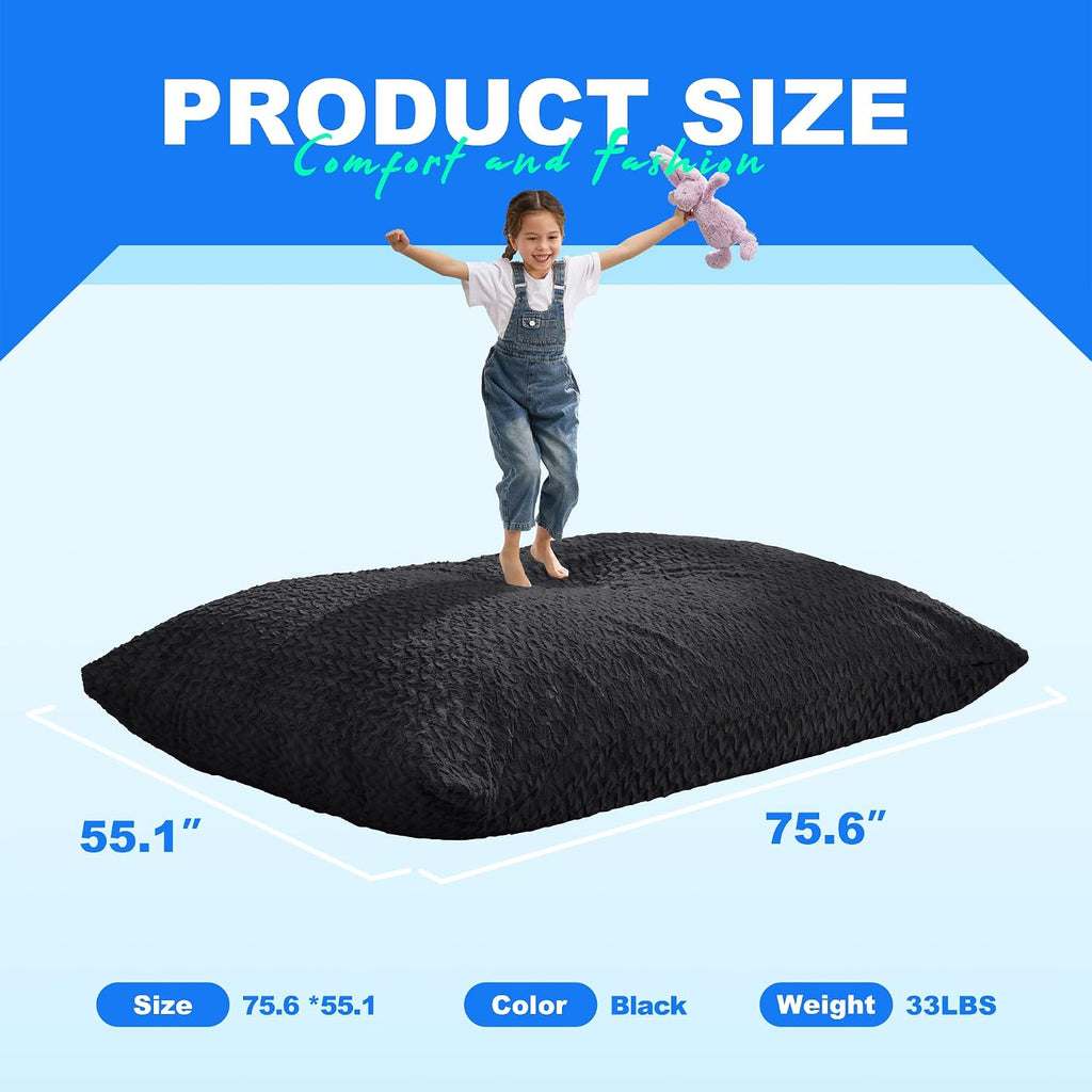 Hobestluk 3 in 1 Bean Bag Chair Giant Bean Bag Chairs for Adults with Chevron Plush Fur Cover Convertible Bean Bag Floor Cushion with Machine Washable Cover for Living Room (Chevron Plush Black)