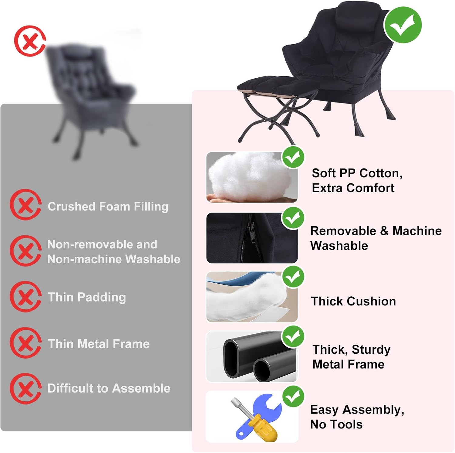 Furlide Lazy Chair with Ottoman, Modern Accent Chair with Armrests and a Side Pocket, Velvet Black Accent Chairs, Reading Chairs, Oversized Armchairs for Bedroom, Study, Living Room, Courtyard