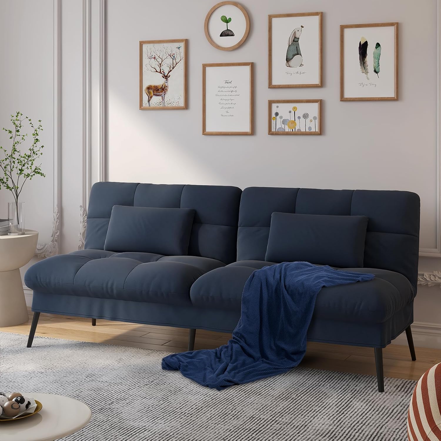 COMHOMA Convertible Futon Sofa Bed, 72″Fabric Futons Couch with Adjustable Backrest, Folding Sleeper Recliner for Living Room Furniture (Blue)