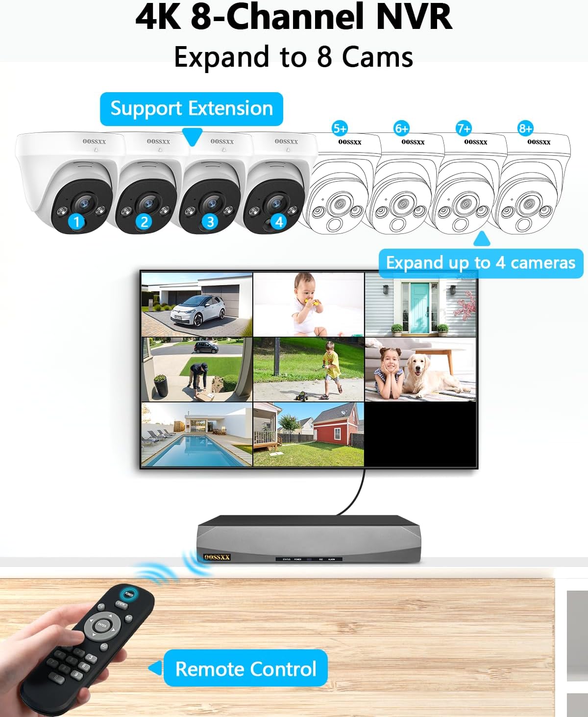 OOSSXX (2026 New) 4K PoE Security Camera System, 8CH 4K NVR with 1TB HDD, 4pcs 8MP Dome Cameras Outdoor Indoor, 130° Wide Angle, 2-Way Audio, AI Human/PIR Detection, No Monthly Fee