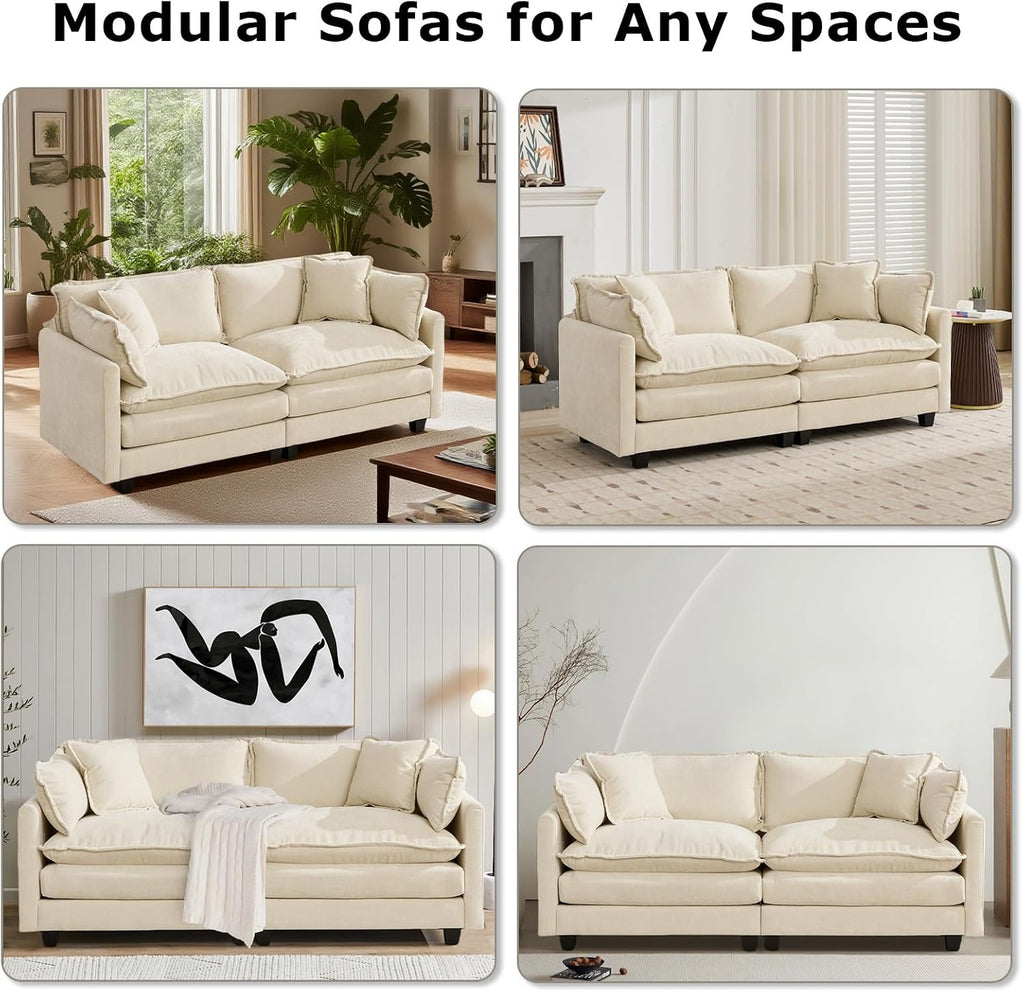 SoarFlash 77.95' Chenille Sectional Sofa, Comfy L Shaped Modular Coush Sofa with Ottoman, Modern 2 Seat Couch Deep Seat Sofa Set for Living Room,Beige
