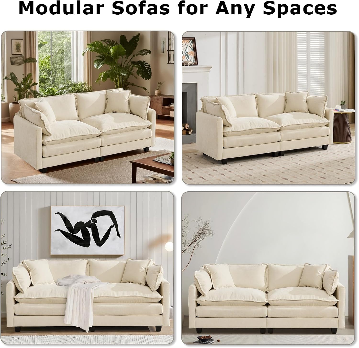 SoarFlash 77.95' Chenille Sectional Sofa, Comfy L Shaped Modular Coush Sofa with Ottoman, Modern 2 Seat Couch Deep Seat Sofa Set for Living Room,Beige