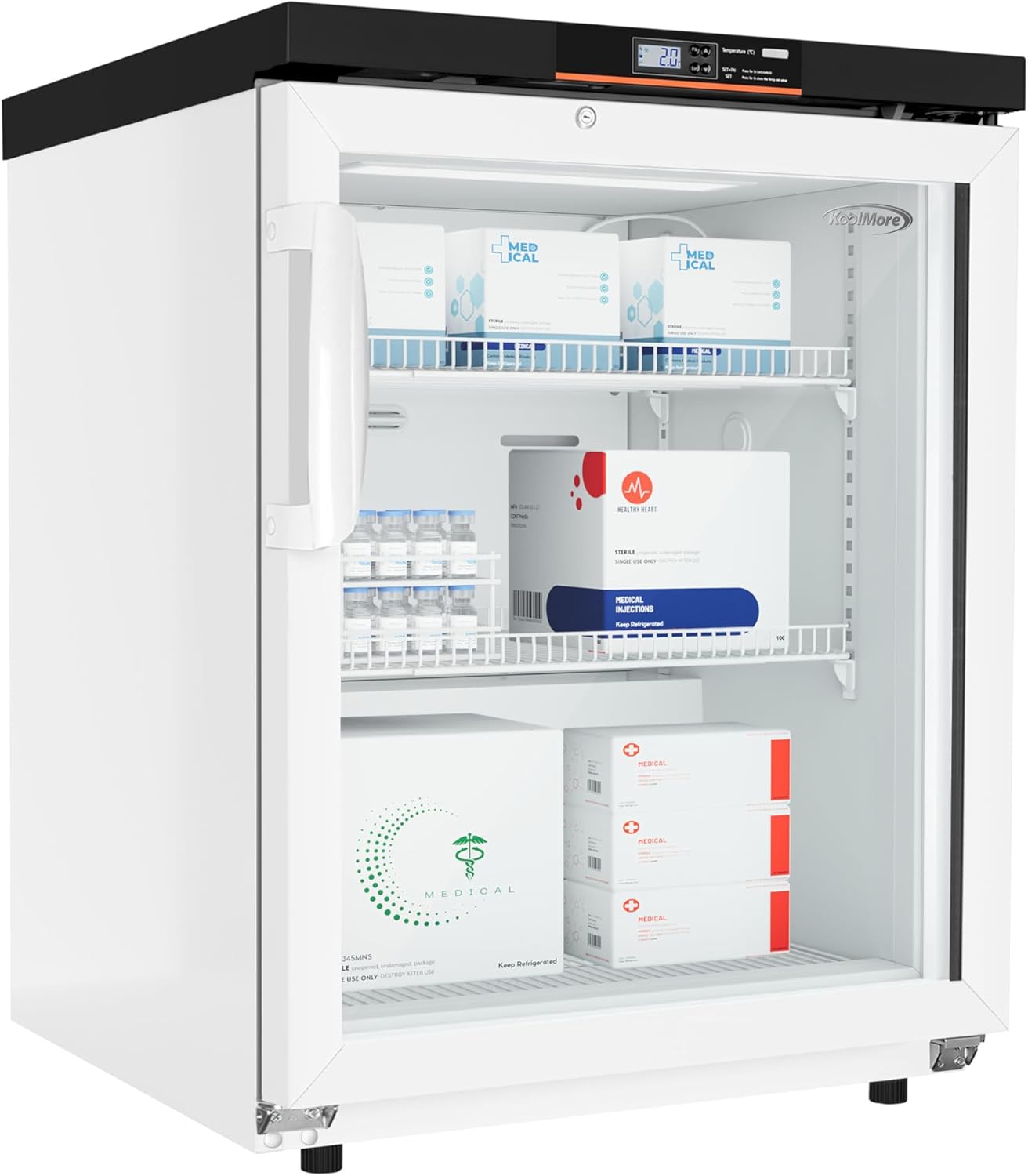 KoolMore 4.5 cu ft Countertop Medical Pharmacy Refrigerator with Emergency Backup Battery for Temperature Display and Alarm in White, UL Listed (KM-PHR-45C)