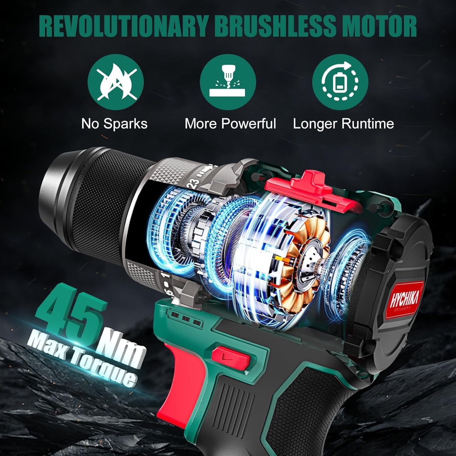 HYCHIKA 18 V Max Cordless Impact Wrench with 1/2 Impact Drivers,True Brushless 16.8V Cordless Compact PowerDrill,2-Tool Power Tool Set Combo Kit