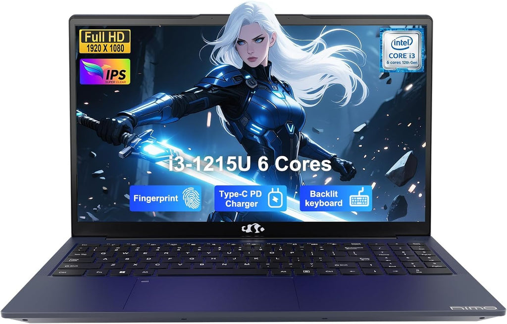NIMO 15.6' IPS FHD Laptop, Intel 6 Cores i3-1215U (Up to 4.4GHz, Beats R5 7520U,) 8GB RAM 256GB SSD Computer with 180° Open Angle 65W Type C Backlit KB, Wi-Fi 6, Portable for School, Business, Home