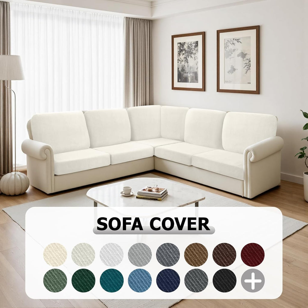 Arfntevss Velvet Corner Sectional Couch Covers Slipcovers L Shape Couch Cushion Covers Fitted Stretch Pet Sofa Covers Non-slip U Shaped Furniture Protector (5 Seat Covers 6 Back Cushion Covers, Ivory)