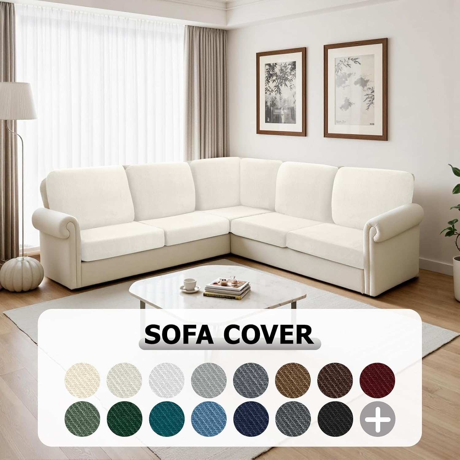 Arfntevss Velvet Corner Sectional Couch Covers Slipcovers L Shape Couch Cushion Covers Fitted Stretch Pet Sofa Covers Non-slip U Shaped Furniture Protector (5 Seat Covers 6 Back Cushion Covers, Ivory)