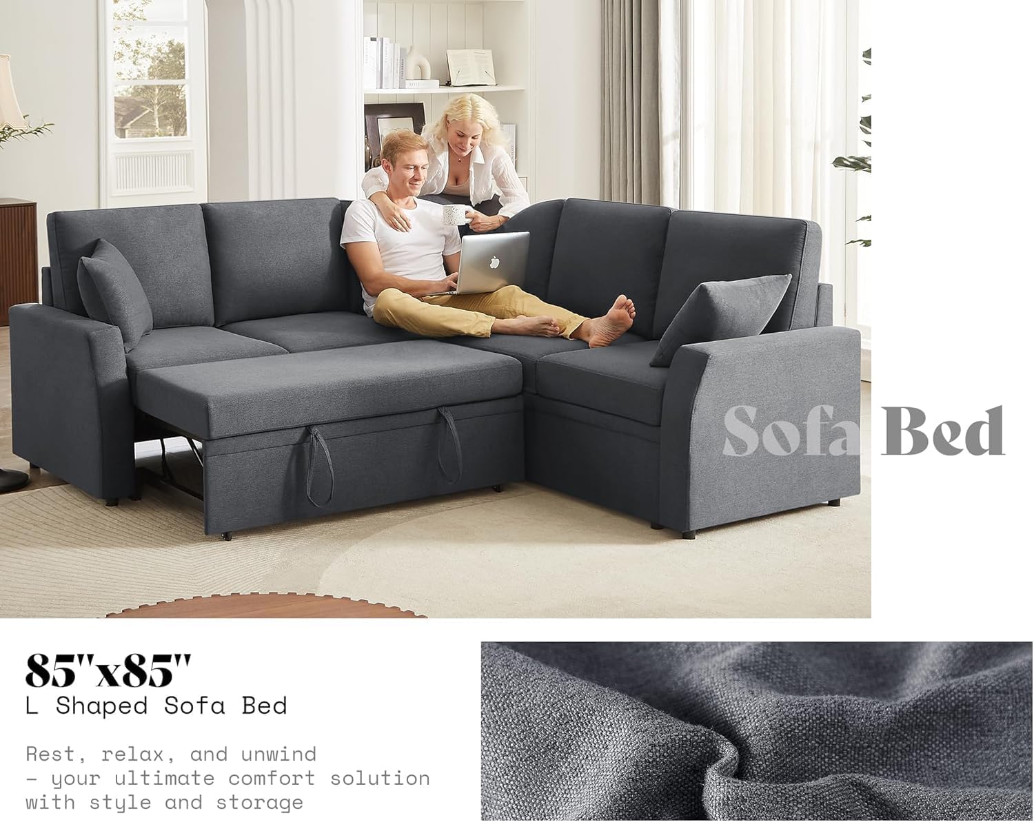 VanAcc Sofa Bed, 85 Inch Sleeper Couch with Storage Seat, L Shaped Sofa with Pull Out Sofa Bed, Sectional Couches for Living Room Apartment, Grey Linen Couch Sofa